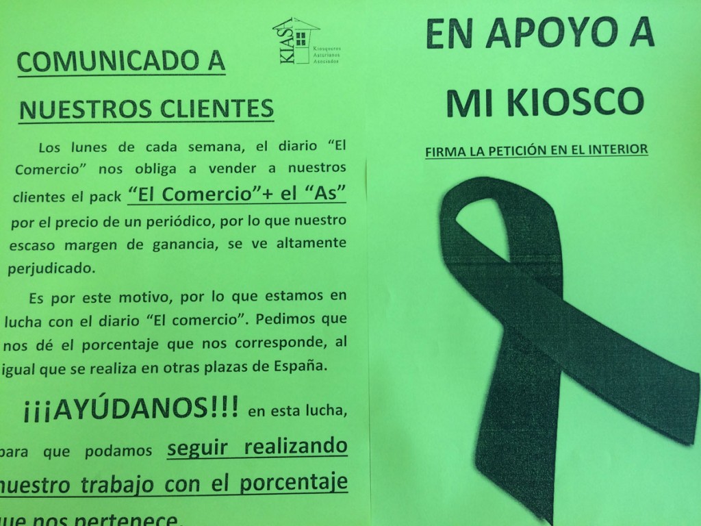 CAMPAÑA RECOGIDA DE FIRMAS PARA QUE EL COMERCIO PAGUE A LOS KIOSCOS EL PORCENTAJE QUE LES PERTENECE POR VENDER DE FORMA IMPOSITIVA, LOS LUNES DE CADA SEMANA, EL PACK “EL COMERCIO” + EL “AS”.